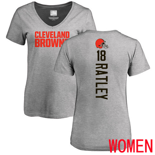 Cleveland Browns Damion Ratley Women Ash Jersey #18 NFL Football Backer V-Neck T Shirt